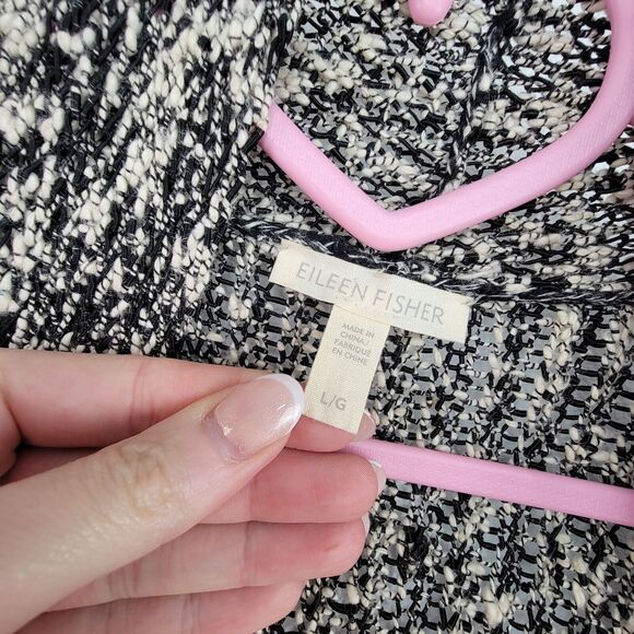 EILEEN FISHER Black White Boucle Tweed Knit Cotton Open Front Cardigan Jacket L - Picture 4 of 5